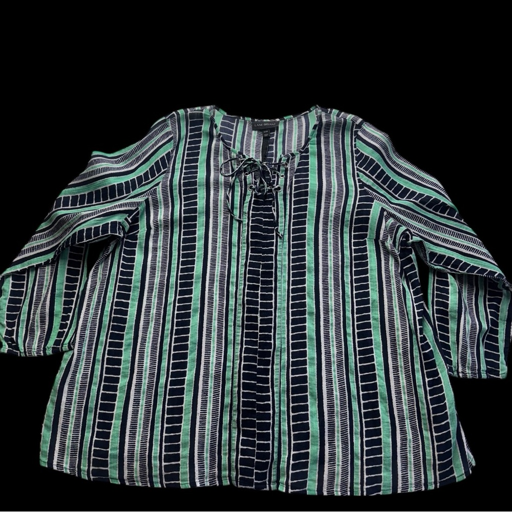 Lane Bryant Green Blk White Striped Long Sleeve Front Tie Pullover Top 22/24 177